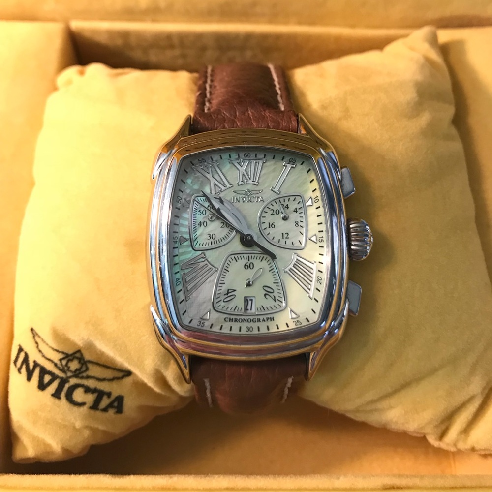 Invicta Silver Chronograph Brown Leather Watch